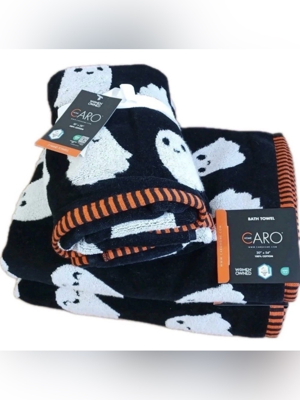 CARO Halloween Ghost Bath Towel in Black & White with Orange Trim